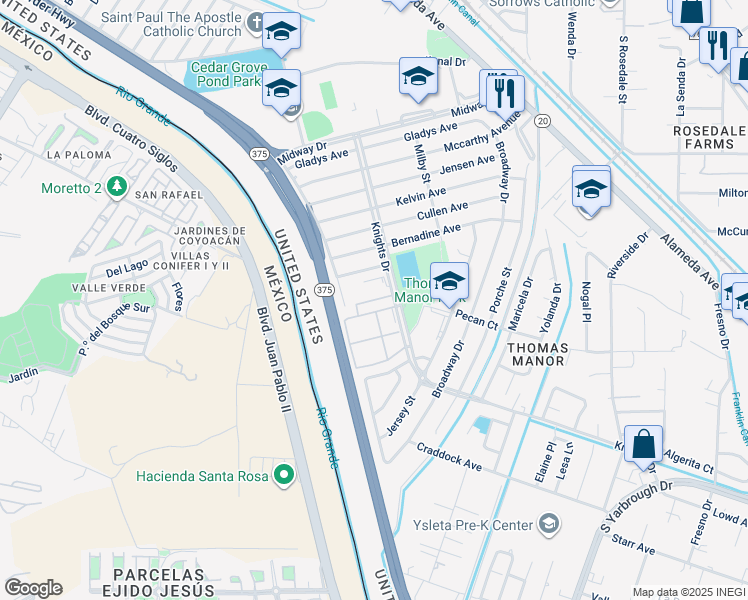 map of restaurants, bars, coffee shops, grocery stores, and more near Knights Drive in El Paso