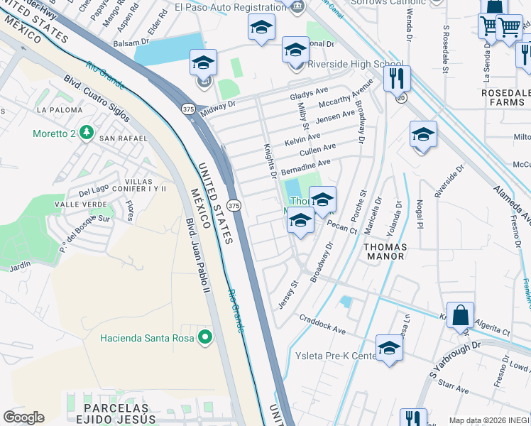 map of restaurants, bars, coffee shops, grocery stores, and more near Knights Drive in El Paso