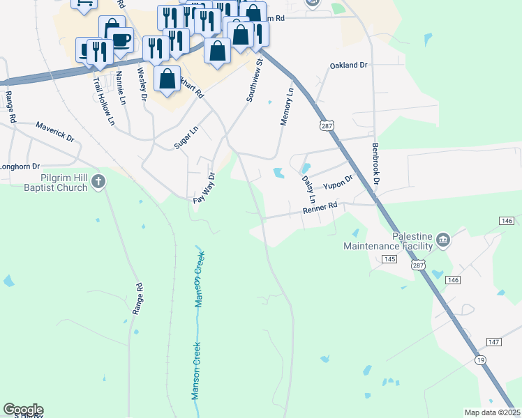 map of restaurants, bars, coffee shops, grocery stores, and more near 201-299 Renner Road in Palestine