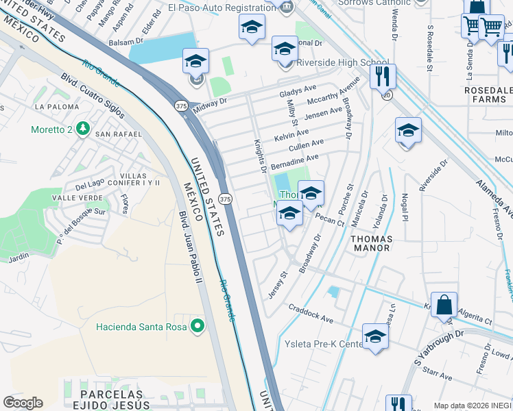 map of restaurants, bars, coffee shops, grocery stores, and more near Knights Drive in El Paso