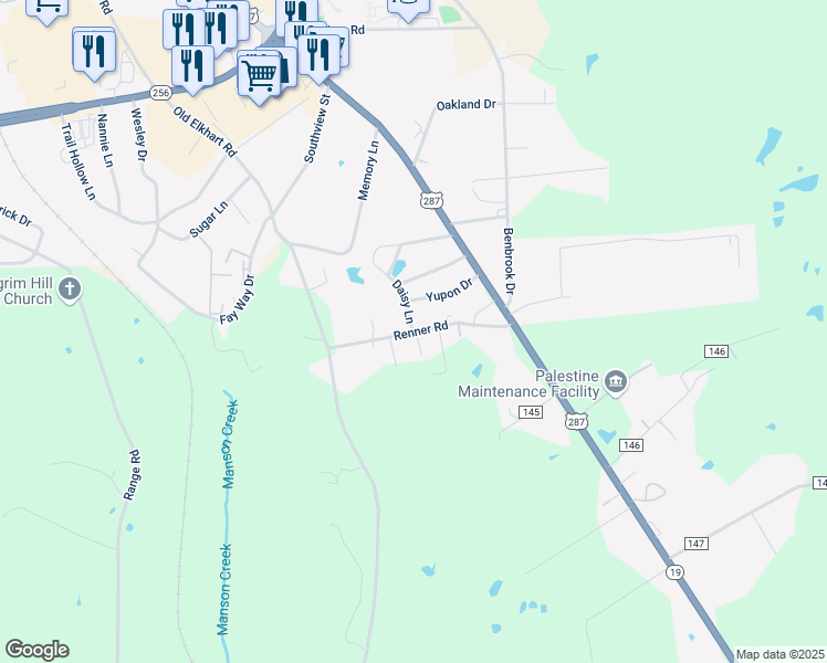 map of restaurants, bars, coffee shops, grocery stores, and more near 201 Renner Road in Palestine