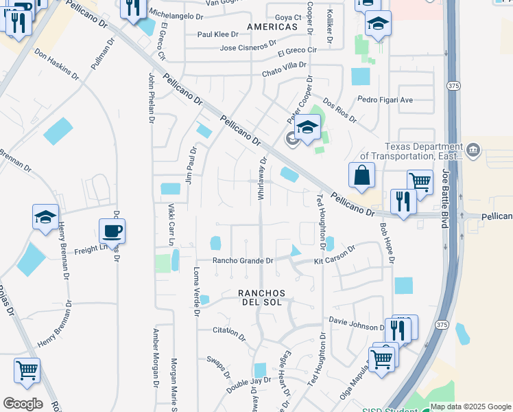 map of restaurants, bars, coffee shops, grocery stores, and more near 1356 Silver Gate Place in El Paso