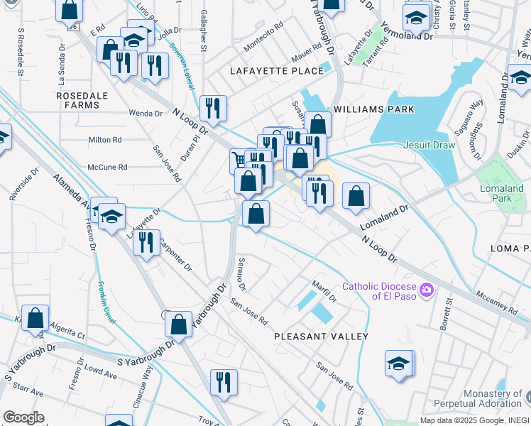 map of restaurants, bars, coffee shops, grocery stores, and more near 8101 Tigua Circle in El Paso