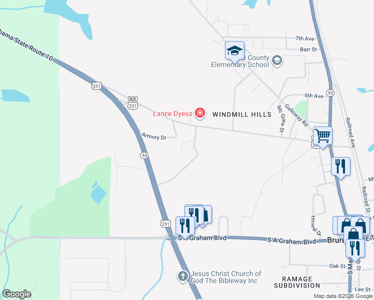 map of restaurants, bars, coffee shops, grocery stores, and more near 700 Martin Luther King Junior Drive in Brundidge