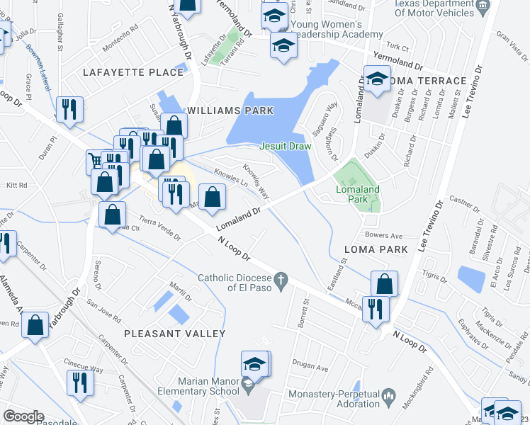 map of restaurants, bars, coffee shops, grocery stores, and more near 596 Lomaland Drive in El Paso