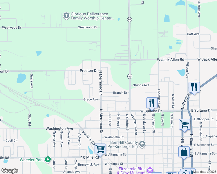 map of restaurants, bars, coffee shops, grocery stores, and more near 11767 Villa Court in Fitzgerald