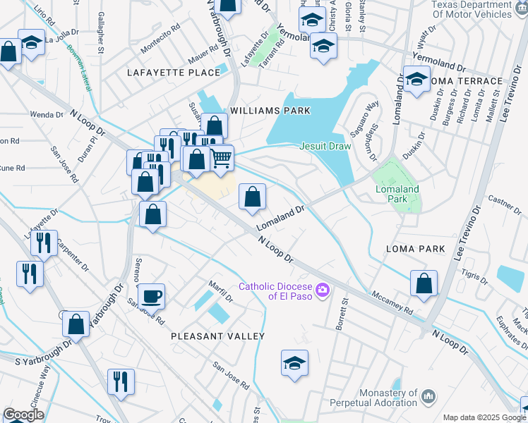 map of restaurants, bars, coffee shops, grocery stores, and more near 525 Lomaland Drive in El Paso
