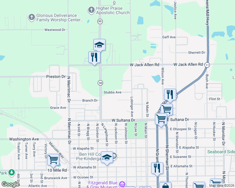 map of restaurants, bars, coffee shops, grocery stores, and more near 128 Stubbs Avenue in Fitzgerald