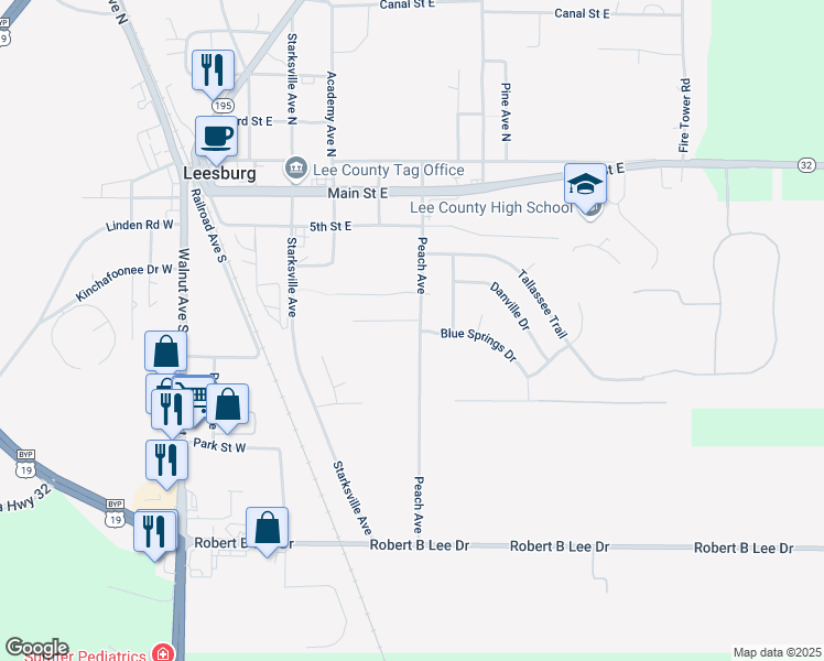 map of restaurants, bars, coffee shops, grocery stores, and more near 164 Peach Avenue in Leesburg