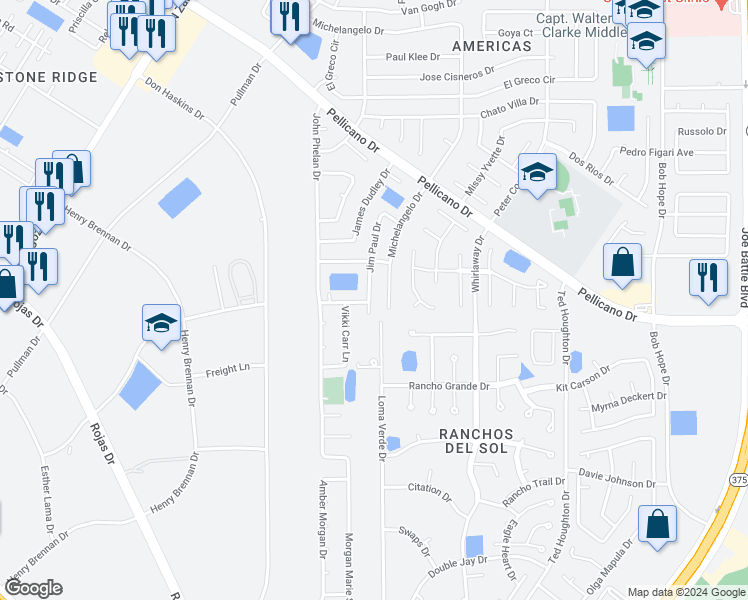 map of restaurants, bars, coffee shops, grocery stores, and more near 1280 Jim Paul Drive in El Paso