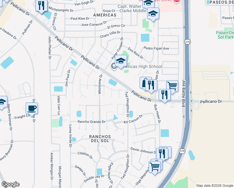 map of restaurants, bars, coffee shops, grocery stores, and more near 1356 Gate Place in El Paso