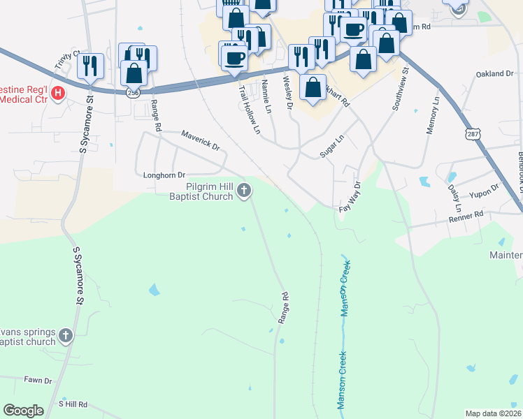 map of restaurants, bars, coffee shops, grocery stores, and more near 717 Range Road in Palestine