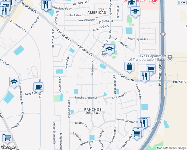 map of restaurants, bars, coffee shops, grocery stores, and more near 1356 Silver Gate Place in El Paso