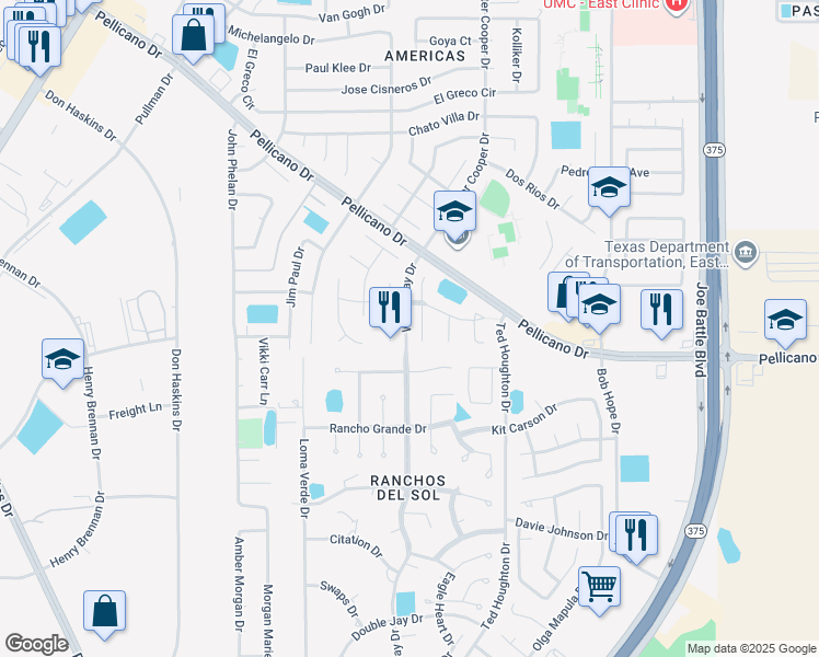 map of restaurants, bars, coffee shops, grocery stores, and more near 1356 Silver Gate Place in El Paso
