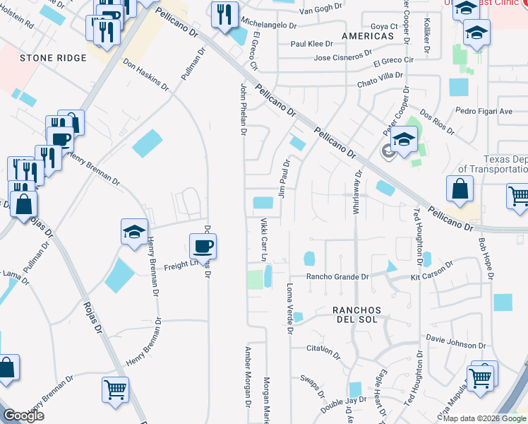 map of restaurants, bars, coffee shops, grocery stores, and more near 1308 James Cravens Court in El Paso
