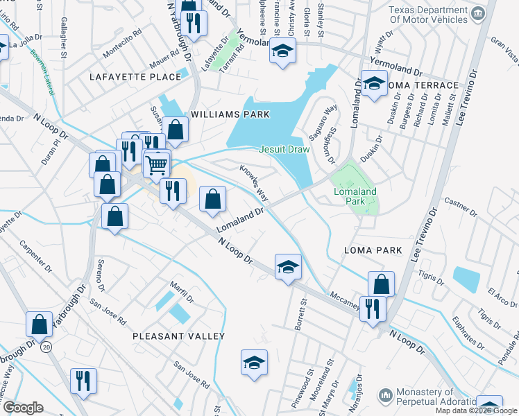 map of restaurants, bars, coffee shops, grocery stores, and more near 596 Lomaland Drive in El Paso