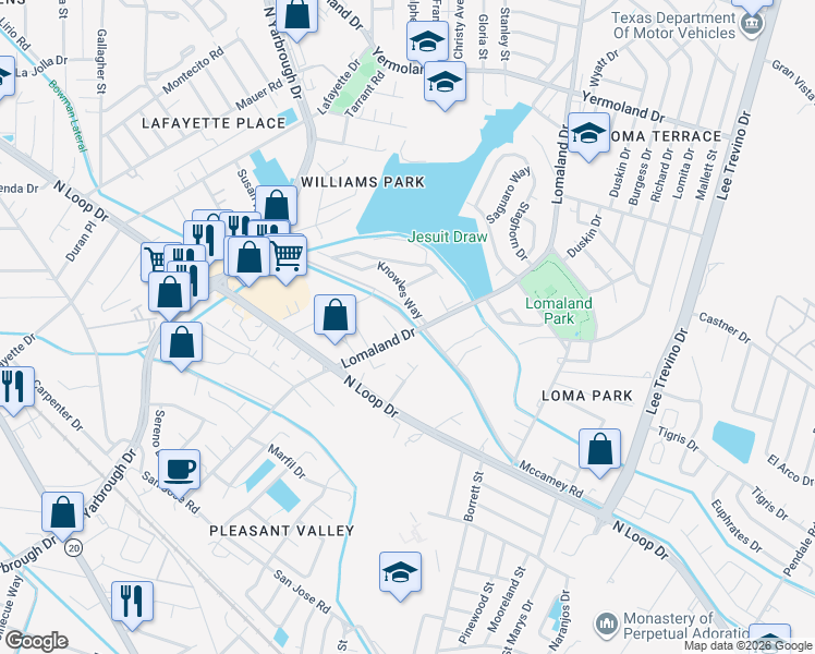 map of restaurants, bars, coffee shops, grocery stores, and more near 596 Lomaland Drive in El Paso