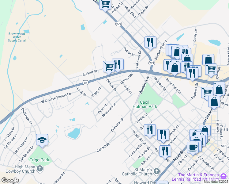 map of restaurants, bars, coffee shops, grocery stores, and more near 1209 Beaver Street in Brownwood