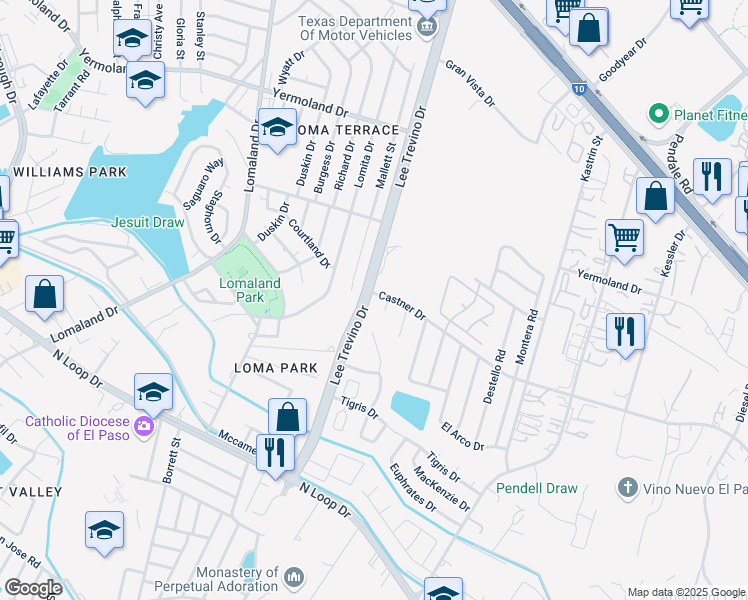 map of restaurants, bars, coffee shops, grocery stores, and more near in El Paso
