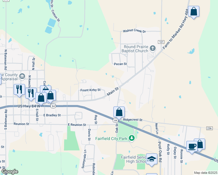 map of restaurants, bars, coffee shops, grocery stores, and more near 717 Main Street in Fairfield