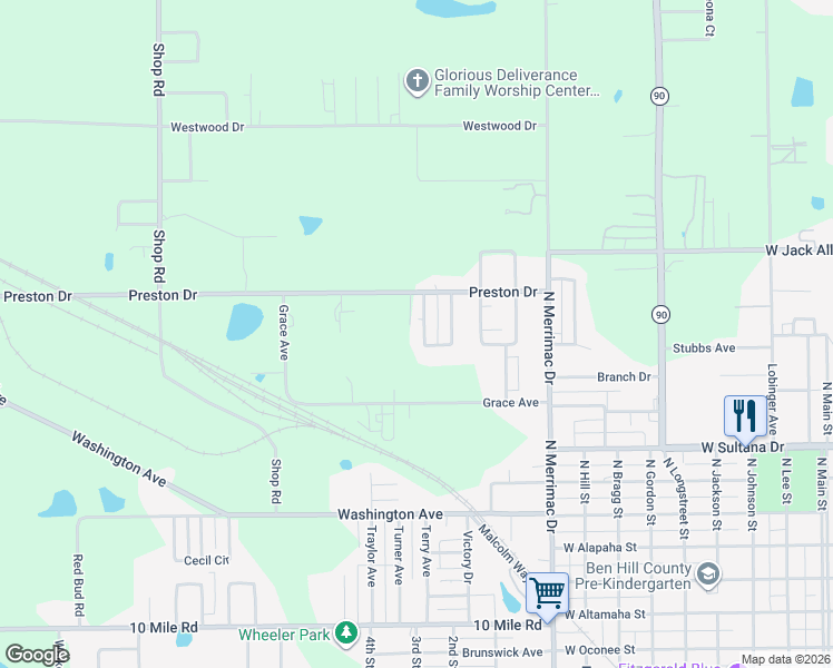 map of restaurants, bars, coffee shops, grocery stores, and more near 143 Meadowood Lane in Fitzgerald