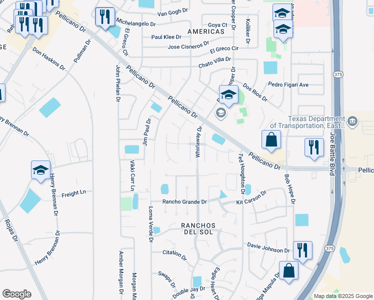 map of restaurants, bars, coffee shops, grocery stores, and more near 1373 Silver Gate Place in El Paso