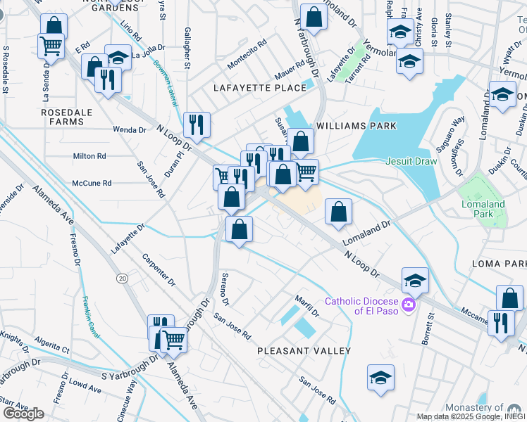 map of restaurants, bars, coffee shops, grocery stores, and more near 8101 North Loop Drive in El Paso