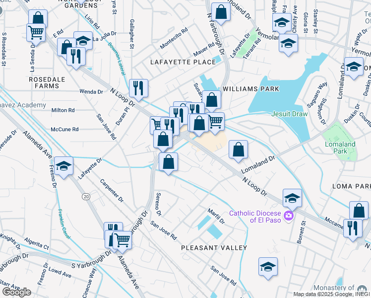 map of restaurants, bars, coffee shops, grocery stores, and more near 8101 North Loop Drive in El Paso