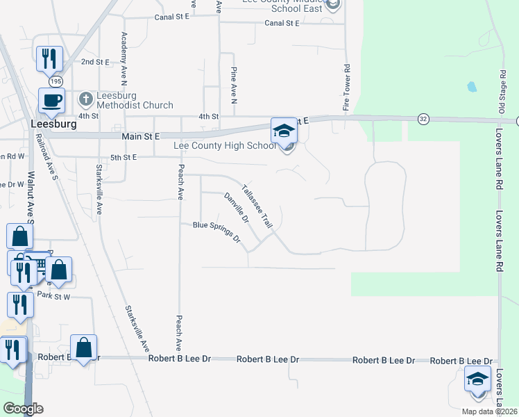 map of restaurants, bars, coffee shops, grocery stores, and more near Tallassee Trail in Leesburg