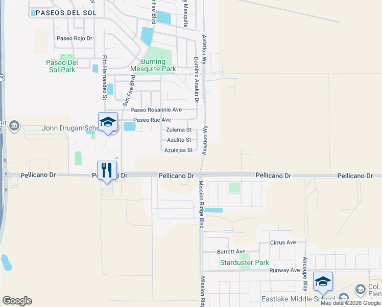 map of restaurants, bars, coffee shops, grocery stores, and more near 12661 Azulejos in El Paso