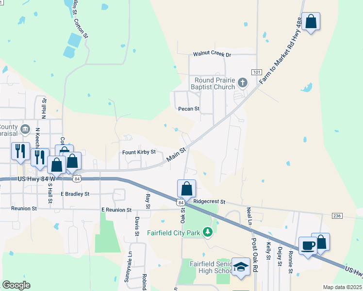 map of restaurants, bars, coffee shops, grocery stores, and more near 717 Main Street in Fairfield