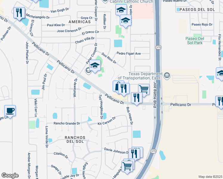 map of restaurants, bars, coffee shops, grocery stores, and more near 12121 Pellicano Drive in El Paso