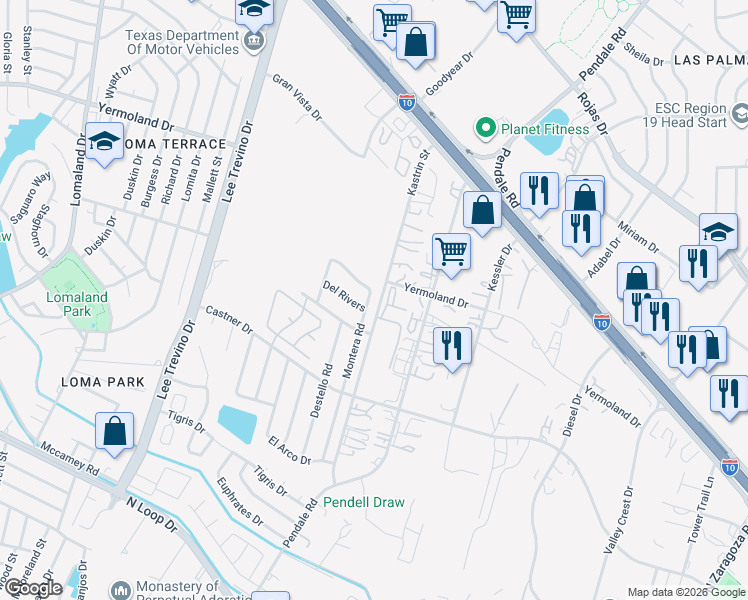 map of restaurants, bars, coffee shops, grocery stores, and more near 1040 Montera Road in El Paso