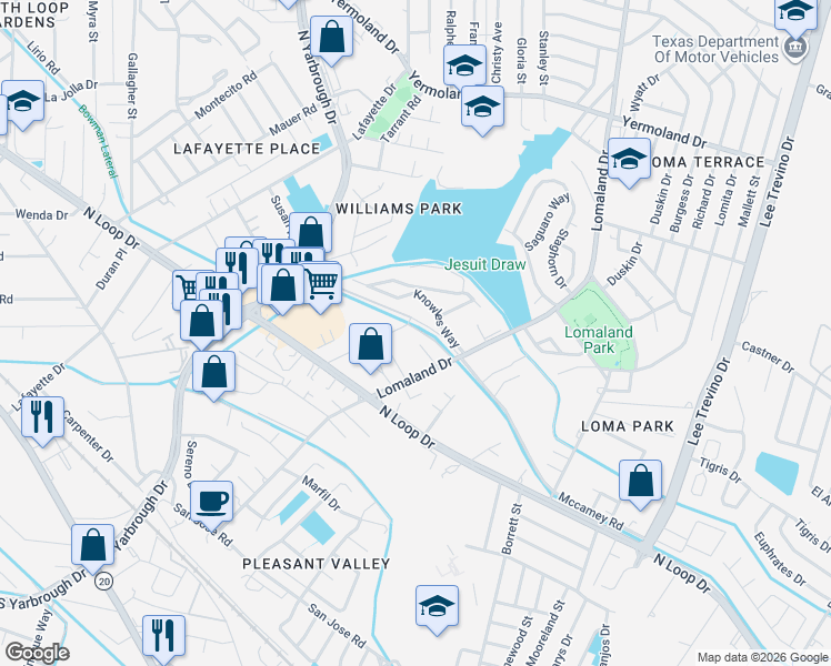 map of restaurants, bars, coffee shops, grocery stores, and more near 554 Martha Way in El Paso