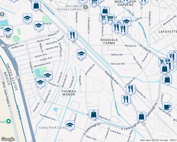 map of restaurants, bars, coffee shops, grocery stores, and more near 158 Riverside Drive in El Paso