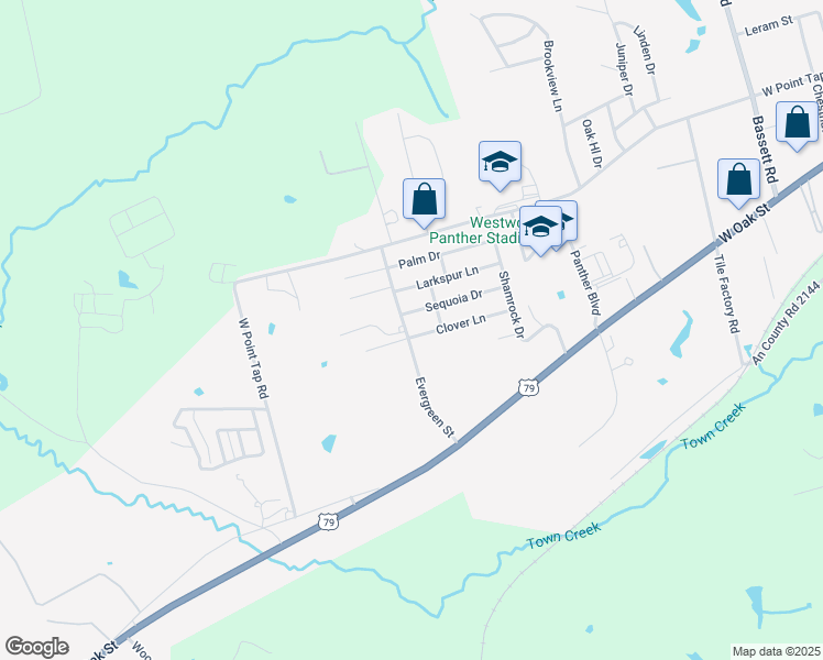 map of restaurants, bars, coffee shops, grocery stores, and more near 207 Clover Lane in Palestine