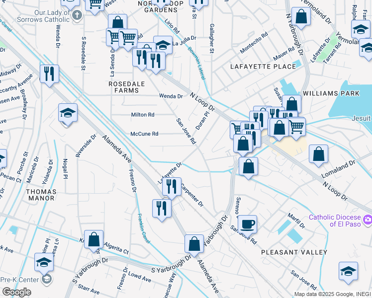 map of restaurants, bars, coffee shops, grocery stores, and more near 348 Kitt Road in El Paso