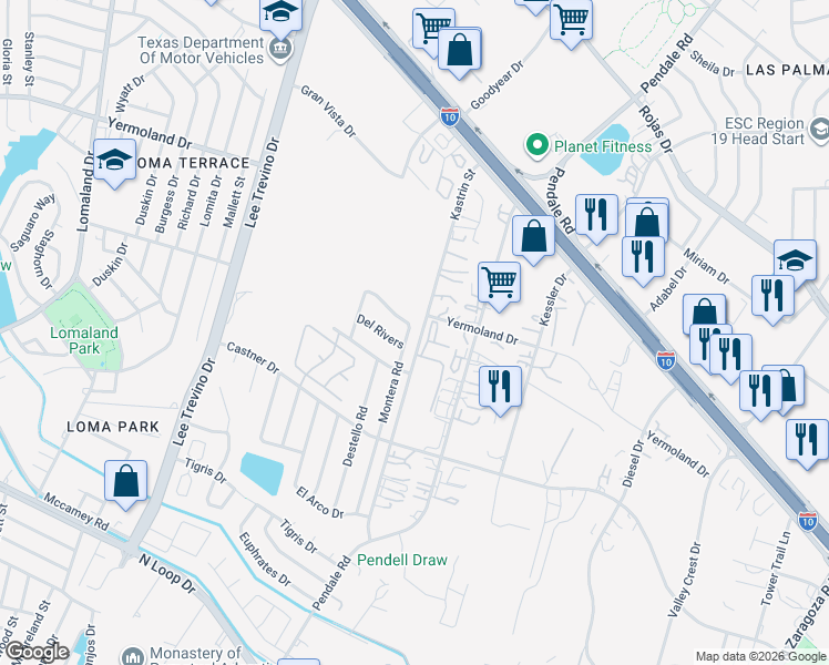 map of restaurants, bars, coffee shops, grocery stores, and more near 1040 Montera Road in El Paso