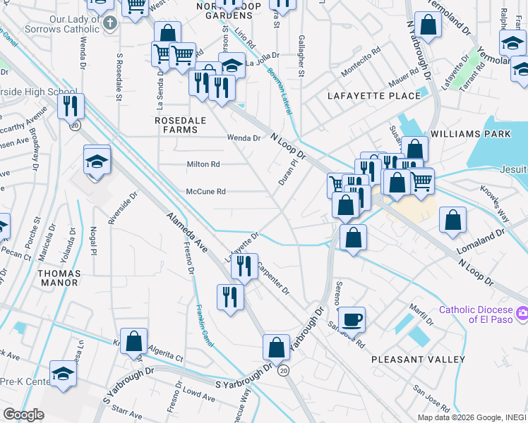 map of restaurants, bars, coffee shops, grocery stores, and more near 348 Kitt Road in El Paso