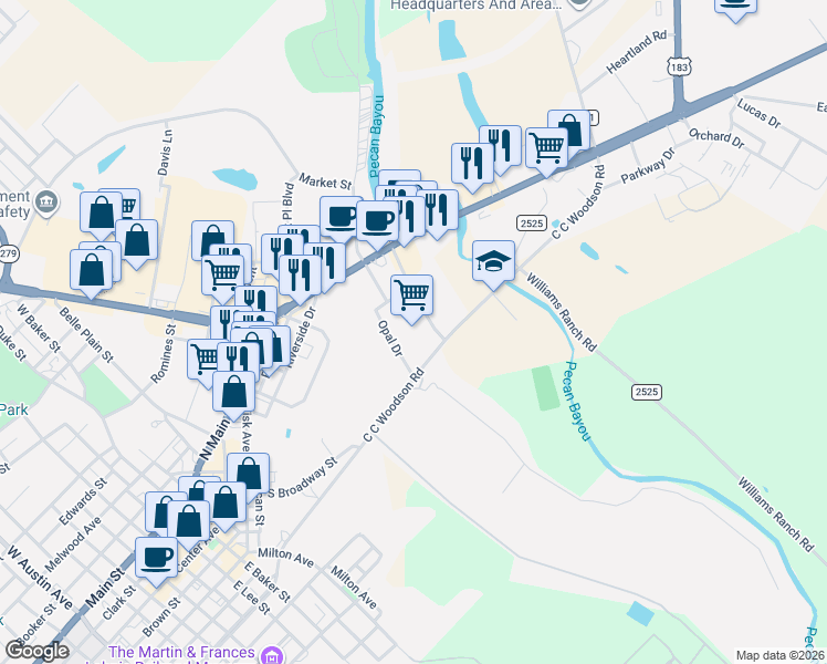map of restaurants, bars, coffee shops, grocery stores, and more near 315 East Commerce Street in Brownwood