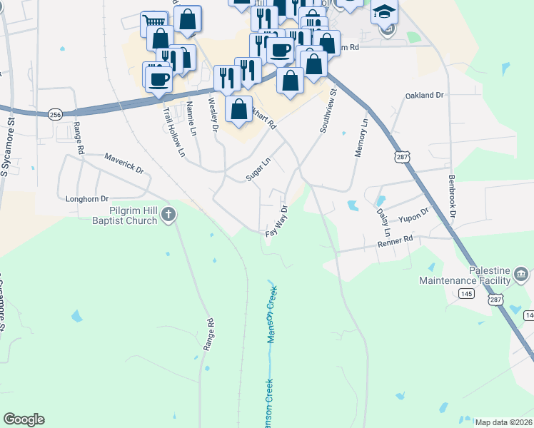 map of restaurants, bars, coffee shops, grocery stores, and more near 1020 Sugar Lane in Palestine