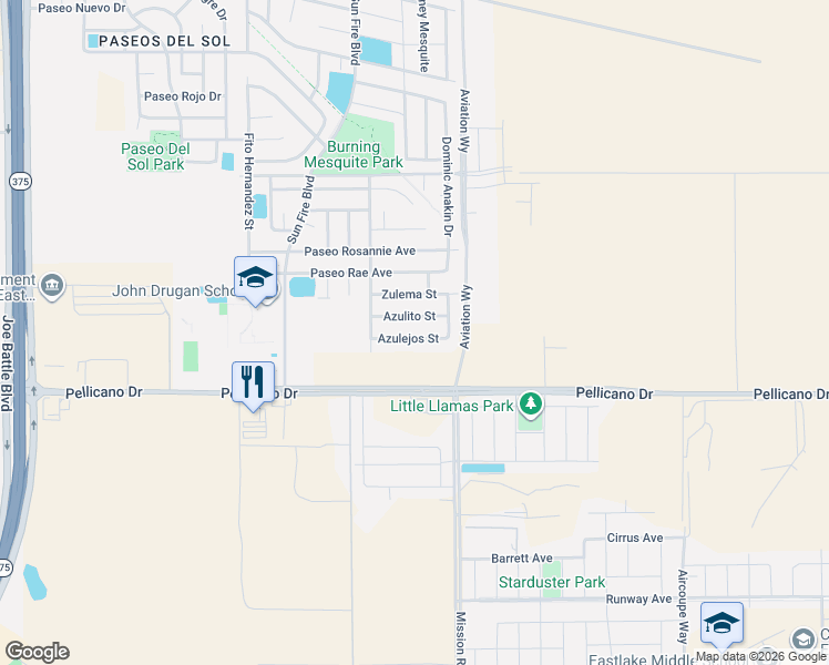 map of restaurants, bars, coffee shops, grocery stores, and more near 12621 Azulejos in El Paso
