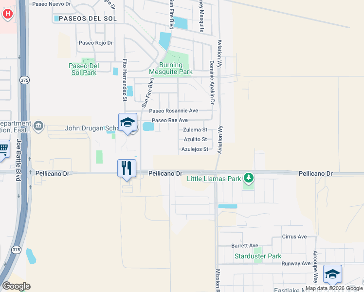 map of restaurants, bars, coffee shops, grocery stores, and more near 1251 Sun Kings Street in El Paso