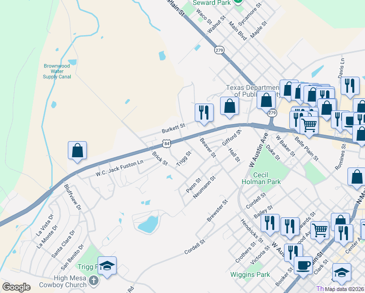 map of restaurants, bars, coffee shops, grocery stores, and more near 910 West Commerce Street in Brownwood