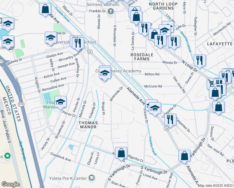 map of restaurants, bars, coffee shops, grocery stores, and more near 158 Riverside Drive in El Paso