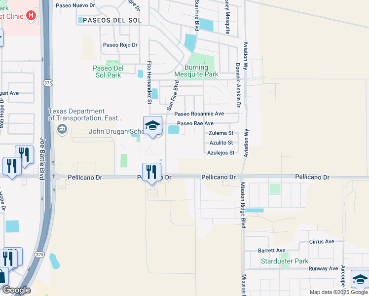 map of restaurants, bars, coffee shops, grocery stores, and more near 910 Sun Fire Boulevard in El Paso