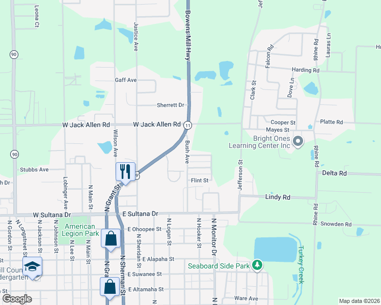 map of restaurants, bars, coffee shops, grocery stores, and more near 107 Satilla Street in Fitzgerald