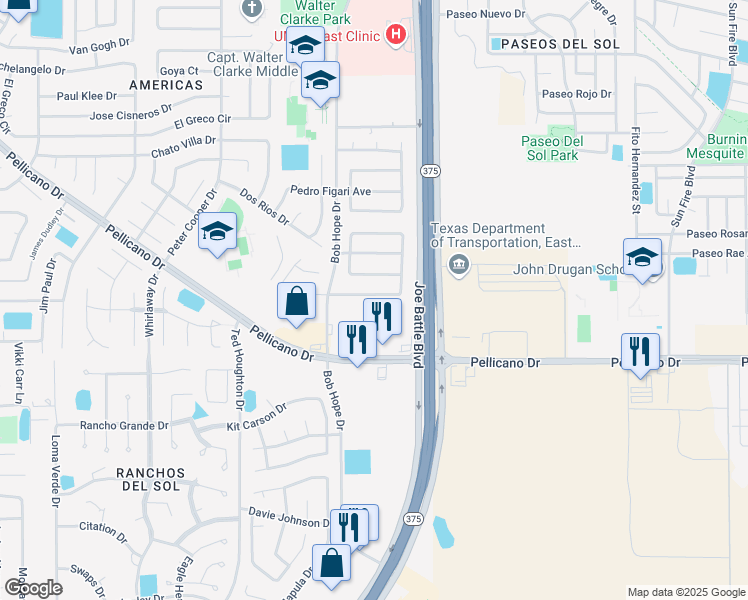 map of restaurants, bars, coffee shops, grocery stores, and more near 12240 Amstater Circle in El Paso