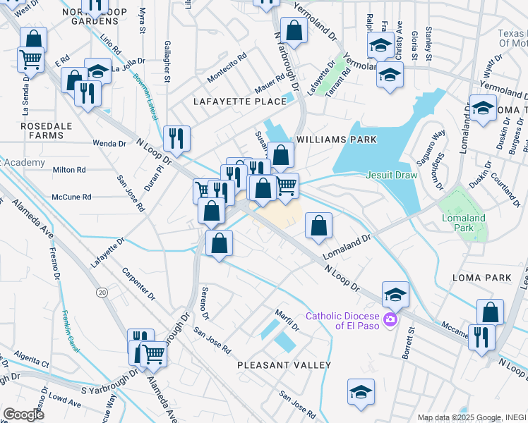 map of restaurants, bars, coffee shops, grocery stores, and more near 8101 North Loop Drive in El Paso
