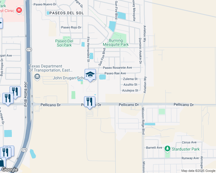 map of restaurants, bars, coffee shops, grocery stores, and more near 910 Sun Fire Boulevard in El Paso